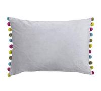 Riva Paoletti Fiesta Rectangular Cushion Cover - Dove Silver - Multicoloured Pompom Edges - Faux Velvet - Reversible - Zip Closure - 100% Polyester - 35 x 50cm ( 14" x 20" inches)