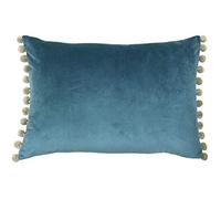 Riva Paoletti Fiesta Rectangular Cushion Cover - Duck Egg Blue - Natural Beige Pompom Edges - Faux Velvet - Reversible - Zip Closure - 100% Polyester - 35 x 50cm ( 14" x 20" inches)