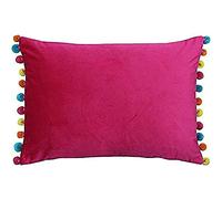 Riva Paoletti Fiesta Rectangular Cushion Cover Multicoloured Pompom Edges-Soft Velvet Fabric-Reversible-Zip Closure-100% Polyester-35 x 50cm (14" x 20" inches), Polyester, Hot Pink/Multi, 35 x 50cm