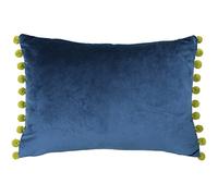 Paoletti Fiesta Rectangular Cushion Cover - Faux Velvet with Pompom Edges (Indigo/Olive - 35 x 50cm)