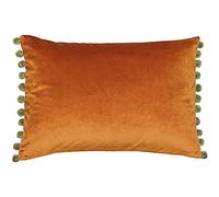 Paoletti Fiesta Rectangular Cushion Cover - Faux Velvet with Pompom Edges (Rust/Khaki - 35 x 50cm)