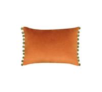 Riva Paoletti Fiesta Rectangular Filled Cushion Orange Green Pompom Edges-Faux Velvet Fabric-Discreet Zip Closure-100 Case (14" x 20" inches), Polyester, Rust/Khaki, 35 x 50cm