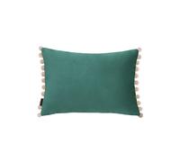 Riva Paoletti Fiesta Rectangular Filled Cushion Blue Green Pompom Edges-Soft Velvet Fabric-Discreet Zip Closure-100 Case (14" x 20" inches), Polyester, Teal/Bamboo, 35 x 50cm
