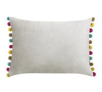 Riva Paoletti Fiesta Rectangular Cushion Cover - Dove Silver - Multicoloured Pompom Edges - Faux Velvet - Reversible - Zip Closure - 100% Polyester - 35 x 50cm ( 14" x 20" inches)