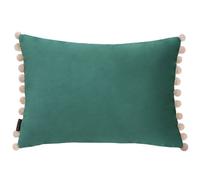 Riva Paoletti Fiesta Rectangular Feather Filled Cushion Blue Beige Pompom Edges-Faux Velvet Fabric-Discreet Zip Closure-100 Case (14" x 20" inches), Polyester, Duck Egg/Natural, 35 x 50cm