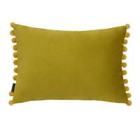 Riva Paoletti Fiesta Rectangular Feather Filled Cushion Green Pompom Edges-Faux Velvet Fabric-Discreet Zip Closure-100 Case (14" x 20" inches), Polyester, Bamboo/Gold, 35 x 50cm