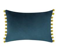 Riva Paoletti Fiesta Rectangular Feather Filled Cushion Blue Yellow Pompom Edges-Faux Velvet Fabric-Discreet Zip Closure-100 Case (14" x 20" inches), Polyester, Indigo/Olive, 35 x 50cm