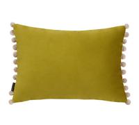 Riva Paoletti Fiesta Rectangular Feather Filled Cushion Green Beige Pompom Edges-Faux Velvet Fabric-Discreet Zip Closure-100 Case (14" x 20" inches), Polyester, Bamboo/Natural, 35 x 50cm