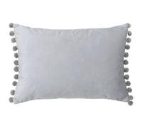 Riva Paoletti Fiesta Rectangular Feather Filled Cushion Pompom Edges-Faux Velvet Fabric-Discreet Zip Closure-100 Case (14" x 20" inches), Polyester, Dove/Silver, 35 x 50cm