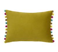 Riva Paoletti Fiesta Rectangular Feather Filled Cushion Green-Multicoloured Pompom Edges-Faux Velvet Fabric-Discreet Zip Closure-100 Case (14" X 20" Inches), Polyester, Bamboo/Multi, 35 X 50cm