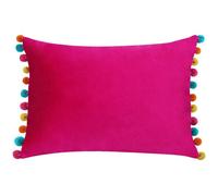 Riva Paoletti Fiesta Rectangular Feather Filled Cushion Multicoloured Pompom Edges-Soft Velvet Fabric-Discreet Zip Closure-100 Case (14" X 20" Inches), Polyester, Hot Pink/Multi, 35 X 50 cm