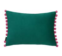 Riva Paoletti Fiesta Rectangular Filled Cushion Blue Pink Pompom Edges-Faux Velvet Fabric-Discreet Zip Closure-100 Case (14" x 20" inches), Polyester, Teal/Berry, 35 x 50cm