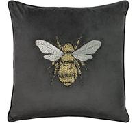 Paoletti Hortus Cushion Cover - Bee Embroidered, Luxurious Velvet Accent, Square Cushion Cover (Dark Grey Charcoal - 50x50 cm)
