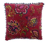 Riva Paoletti Malisa Square Feather Filled Cushion Red-Paisley Indian Print-Faux Velvet Fabric-Blue Pompom Edges-Machine Washable-100 (20" X 20" Inches), Cotton, Pomegranate, 50 X 50Cm
