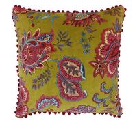 Riva Paoletti Malisa Square Feather Filled Cushion Yellow-Paisley Indian Print-Faux Velvet Fabric-Pink Pompom Edges-Machine Washable-100 (20" x 20" inches), Cotton, Lemon Curry, 50 x 50cm