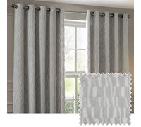 Paoletti Manhattan Room Darkening Eyelet Curtain Pair - Elegant Velvet Geometric Textured Lined Ring Top Drapes (Silver - 117x183cm)