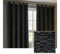 Paoletti Manhattan Room Darkening Eyelet Curtain Pair - Elegant Velvet Geometric Textured Lined Ring Top Drapes (Charcoal - 229x137cm)