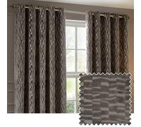 Paoletti Manhattan Room Darkening Eyelet Curtain Pair - Elegant Velvet Geometric Textured Lined Ring Top Drapes (Mink - 117x183cm)