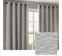 Paoletti Manhattan Room Darkening Eyelet Curtain Pair - Elegant Velvet Geometric Textured Lined Ring Top Drapes (Silver - 117x137cm)