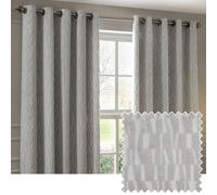 Paoletti Manhattan Room Darkening Eyelet Curtain Pair - Elegant Velvet Geometric Textured Lined Ring Top Drapes (Silver - 117x137cm)