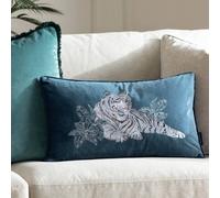 Paoletti Odisha White Tiger Embroidered Polyester Filled Cushion - Blue - 30x50cm