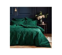 Paoletti Palmeria Quilted Duvet Cover Set - Luxe Embroidered Velvet Bedding (Emerald - Double)