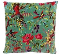 Riva Paoletti Paradise Square Cushion Cover Aqua Blue Colourful Bird Print Velvet Fabric Machine Washable 100% Cotton 50 x 50cm (20" x 20" inches)