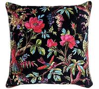 Riva Paoletti Paradise Square Cushion Cover - Black - Colourful Bird Print - Faux Velvet Fabric - Machine Washable - 100% Cotton - 50 x 50cm (20" x 20" inches) - Designed in the UK