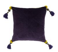 Riva Paoletti Poonam Cushion Cover - Damson Purple and Lemon Curry Yellow - Faux Velvet Fabric - Pompom Tassel Corners - Reversible - Machine Washable - 100% Cotton - 45 x 45cm (18" x 18" inches)