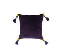 Riva Paoletti Poonam Polyester Filled Cushion - Damson Purple and Lemon Curry Yellow - Faux Velvet Fabric - Pompom Tassel Corners - Machine Washable - 100% Cotton - 45 x 45cm (18" x 18" inches)