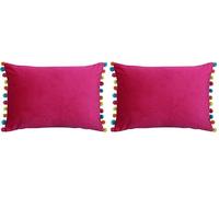 Paoletti Riva Fiesta Rectangular Filled Cushion Multicoloured Pompom Edges-Soft Velvet Fabric-Discreet Zip Closure-100 Case (14" x 20" inches), Polyester, Hot Pink/Multi, 35 x 50cm (Pack of 2)