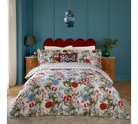 Paoletti Ishana Duvet Cover Set - Reversible Botanical Floral Cotton Rich Oxford Trim Bedding (Red Currant/French Blue - Single - 137x200cm)