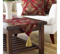 Shiraz Table Runner - Burgundy Red and Gold - Embroidered Damask Jacquard - Non Slip Lining - Tasselled - 100% Polyester - 33 x 230cm (13" x 91" inches) - Made by Riva Paoletti - Designed in the UK