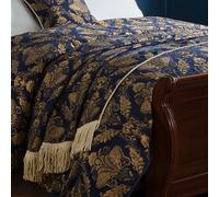 Paoletti Shiraz Floral Jacquard Fringed Throw, Polyester, Navy, 130 x 170cm