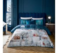 Paoletti Starlight Duvet Cover Set - Luxury 200 Thread Count Cotton Sateen Winter Village Piped Bedding Set (Midnight Blue - Double)