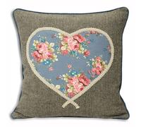 Riva Paoletti Sweet Cottage Filled Cushion Blue and Grey-Floral Heart Design-Piped Edges-Hidden Zip Design-100% Polyester-45 x 45cm (18" x 18" inches), Polyester, Denim, 45 x 45cm