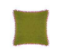 Riva Paoletti Polyester Filled Cushion Faux Velvet Fabric-Contrasting Fuchsia Pink Pompom Edges-Hidden Zip Closure-100% Soft (18" X 18" Inches), Cotton, Green, 45 X 45cm