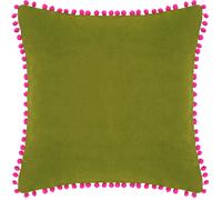 Riva Paoletti Velvet Pompom Cushion Cover - Green - Faux Velvet Fabric - Contrasting Fuchsia Pink Pompom Edges - Hidden Zip Closure - 100% Soft Cotton - 45 x 45cm (18" x 18" inches)