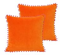 Paoletti Velvet Pompom Polyester Filled Cushions (Twin Pack), Cotton, Orange/Fuschia