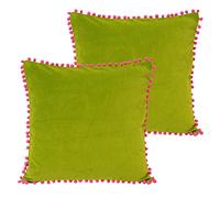 Paoletti Velvet Pompom Polyester Filled Cushions (Twin Pack), Green/Fuchsia, 45 x 45cm