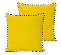 Paoletti Velvet Pompom Polyester Filled Cushions (Twin Pack), Yellow/Grey, 45 x 45cm