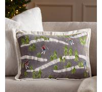 Paoletti Winter Alpine Polyester Filled Cushion - Luxury Festive Embroidered Appliqué Ski Scene Oxford Edge Decorative Pillow (Taupe - 35x50cm)