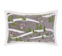 Paoletti Winter Alpine Feather Filled Cushion - Luxury Festive Embroidered Appliqué Ski Scene Oxford Edge Decorative Pillow (Taupe - 35x50cm)