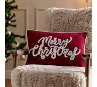 Paoletti Winter Merry Christmas Feather Filled Cushion - Luxury Bouclé Tufted Festive Slogan Cotton Velvet Piped Decorative Pillow (Red - 35x50cm)