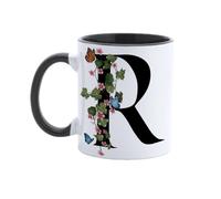 Paolo Chiari Personalised Ceramic Mug with Letter, Floral Design with Butterflies and Black Handle, Made in Italy, 300 ml (R)