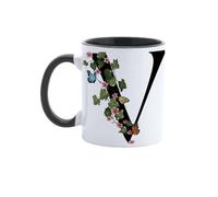 Paolo Chiari Personalised Ceramic Mug with Letter, Floral Design with Butterflies and Black Handle, Made in Italy, 300 ml (V)