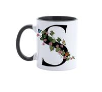 Paolo Chiari Personalised Ceramic Mug with Letter, Floral Design with Butterflies and Black Handle, Made in Italy, 300 ml (S)