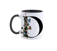 Paolo Chiari Personalised Ceramic Mug with Letter, Floral Design with Butterflies and Black Handle, Made in Italy, 300 ml (D)