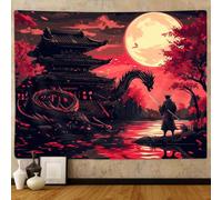 PAOPOED Anime Samurai Tapestry, Cool Japanese Black and Red Art Tapestry Wall Hanging for Men，Asian Medieval Fantasy Dragon Mountain Decor for Classroom Bedroom Living Room Dorm Decor, 60X40 Inch