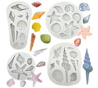 Paotxpum 4 PCS Marine Theme Cake Fondant Silicone Mold Seashell Conch Starfish Baking Molds, for Theme Cake Cookie Chocolate Candy Decoration Fondant Polymer Clay